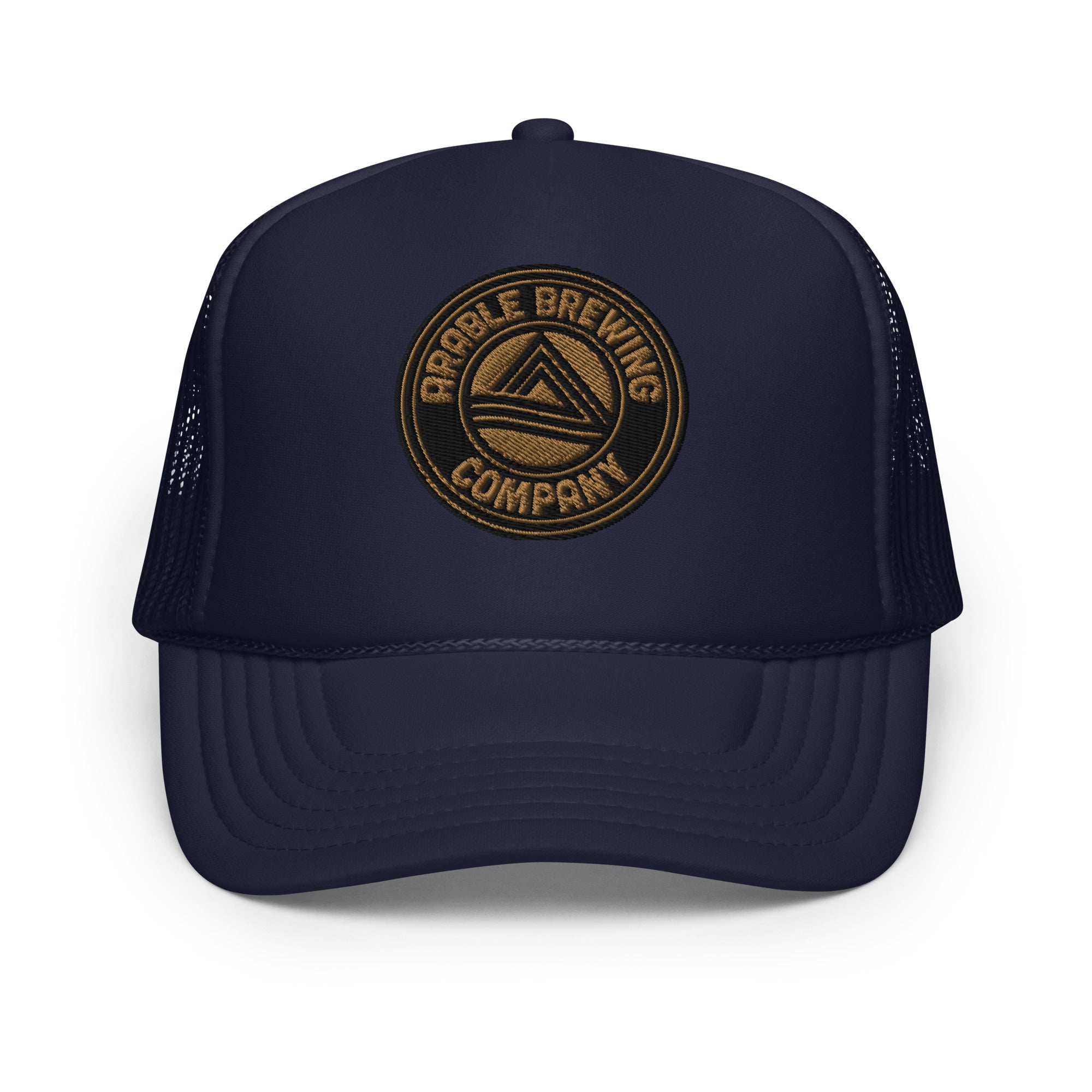 Buy navy Foam Trucker Hat | Embroidered | Round Gold logo