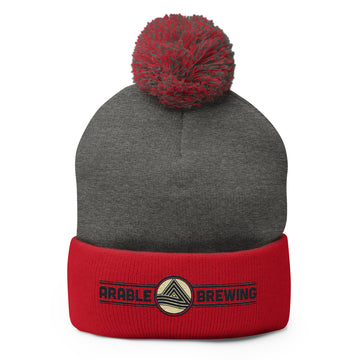 Buy dark-heather-grey-red Pom-Pom Beanie | Embroidered | Lettering