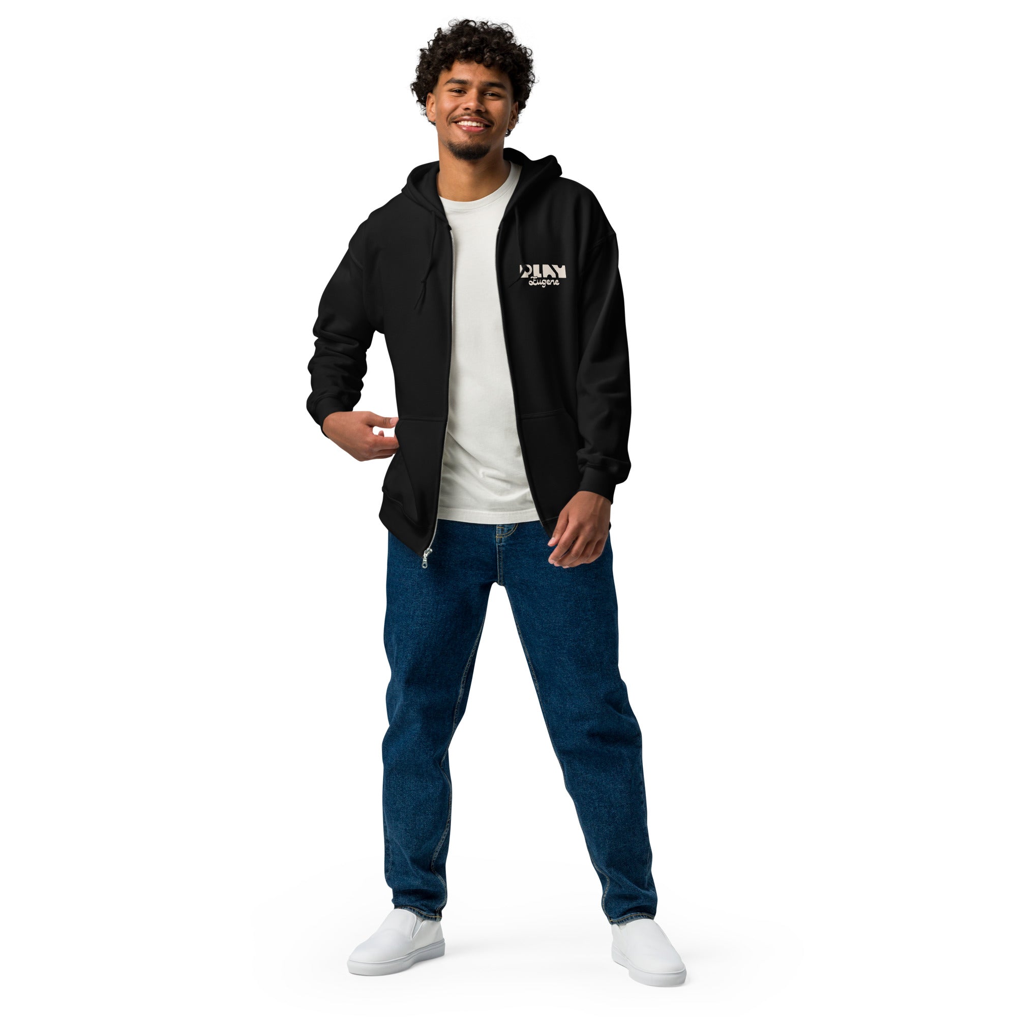 Black Zip up Hoodie | Play Eugene Hoodie | Bout It Merch