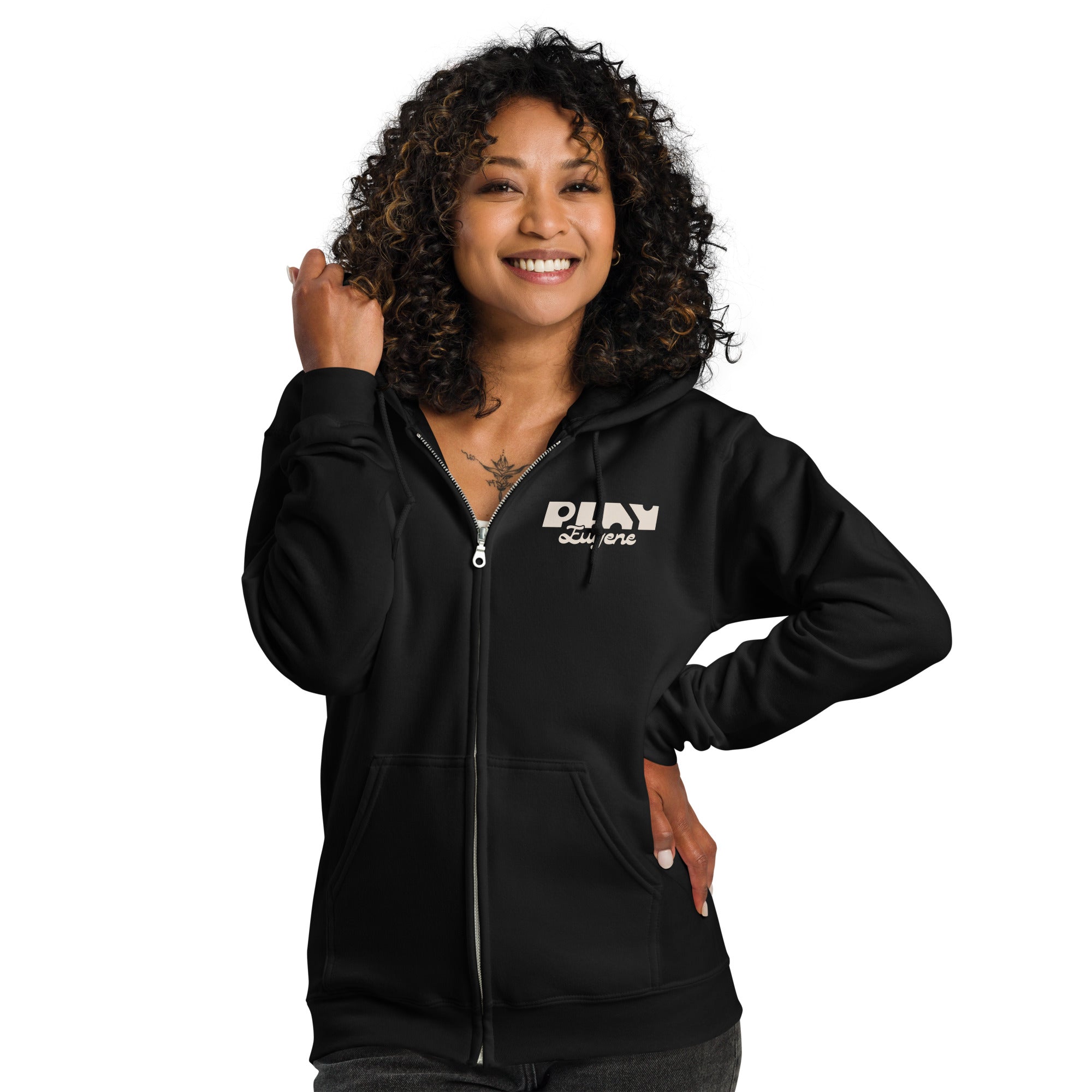 Black Zip up Hoodie | Play Eugene Hoodie | Bout It Merch